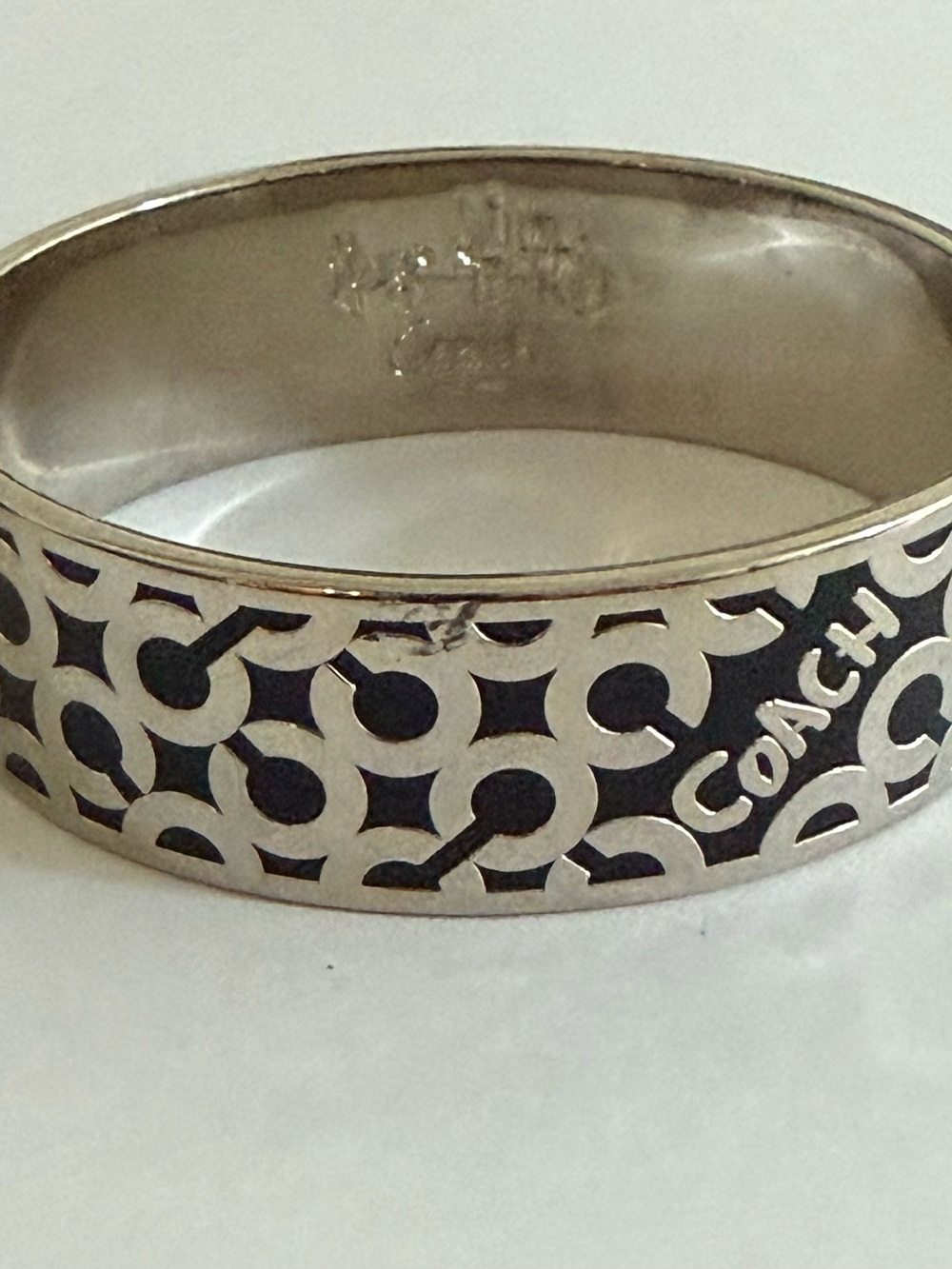 Coach Silver-Tone Signature Cutout Cuff Bracelet - Silver/Black Like New